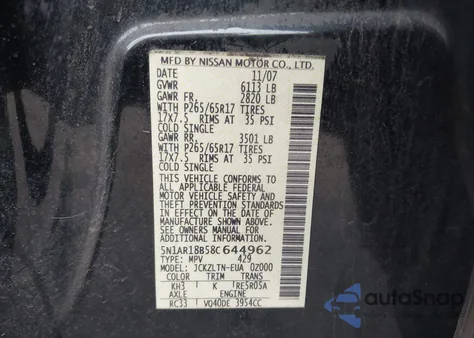 2008 Nissan Pathfinder Se z USA, uszkodzony, nr VIN 5N1AR18B58C644962